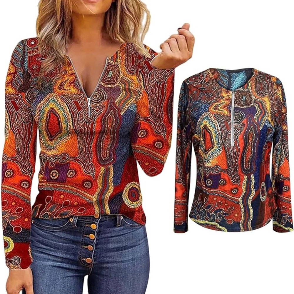 1/4 Zip Printed Long Sleeve Top